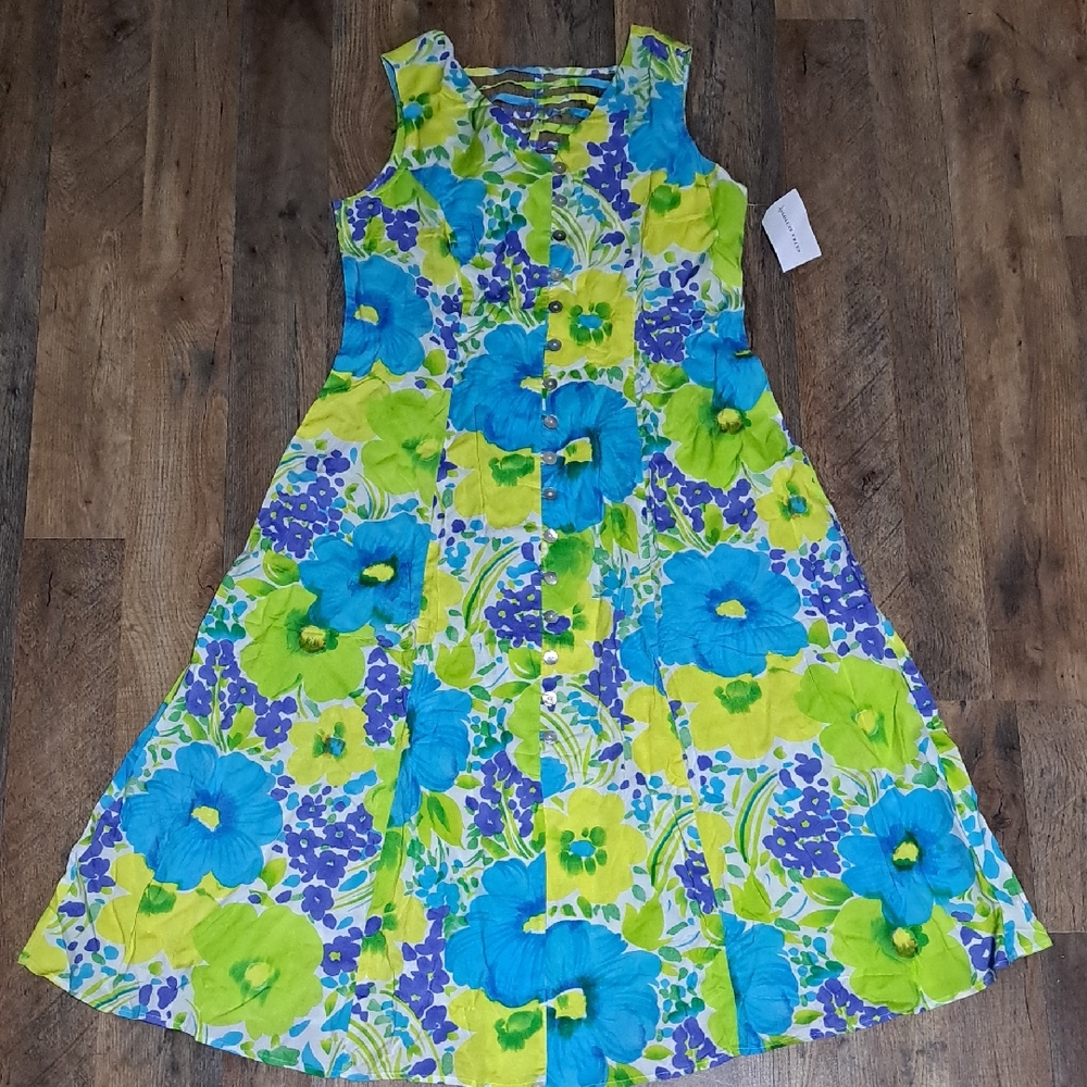BFA Classics Vibrant Bright Blue & Lime Floral Button-Front Sundress Size 10P